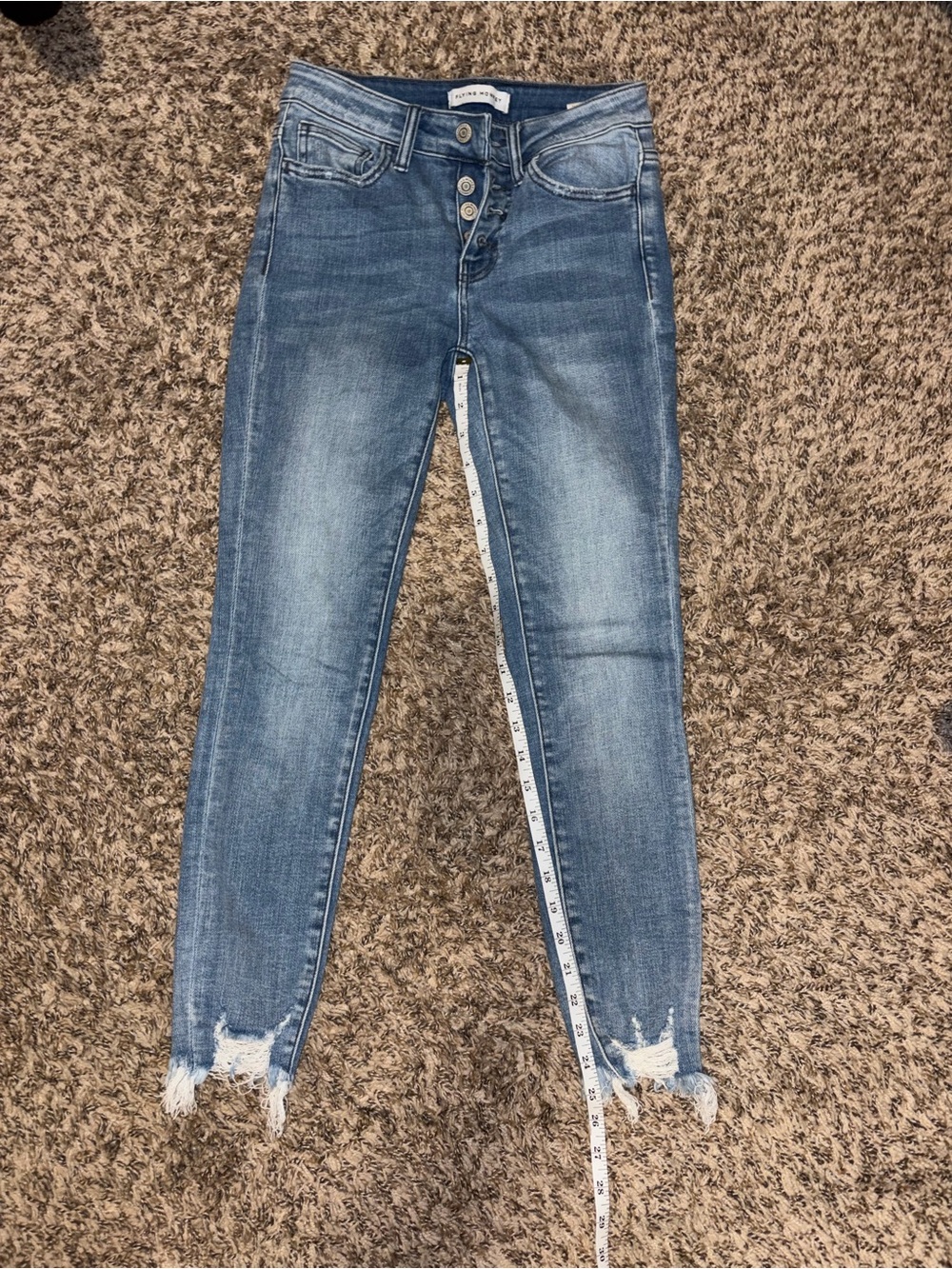 Flying Monkey Women's Skinny Jeans in Medium Blue Wash with Distressed Hem